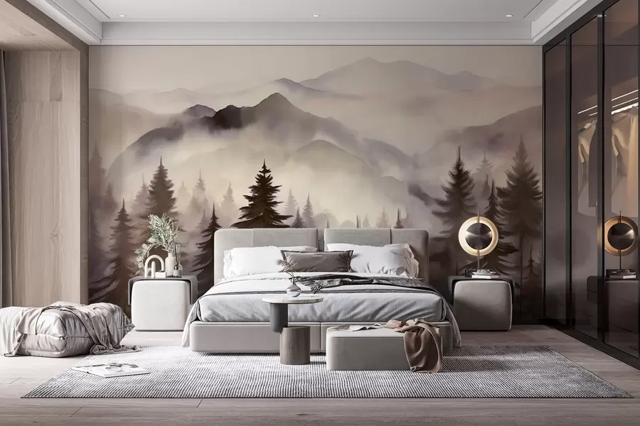 wall murals Планински пејзаж са шумом борова и слојевитим планинама током зоре са светлом маглом имитација акварела w08639v1