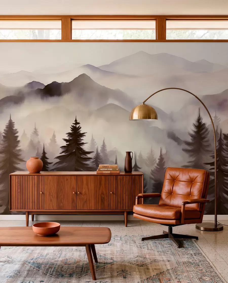 wall murals Планински пејзаж са шумом борова и слојевитим планинама током зоре са светлом маглом имитација акварела w08639v1
