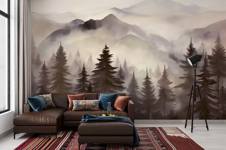 wall murals Планински пејзаж са шумом борова и слојевитим планинама током зоре са светлом маглом имитација акварела w08639v1