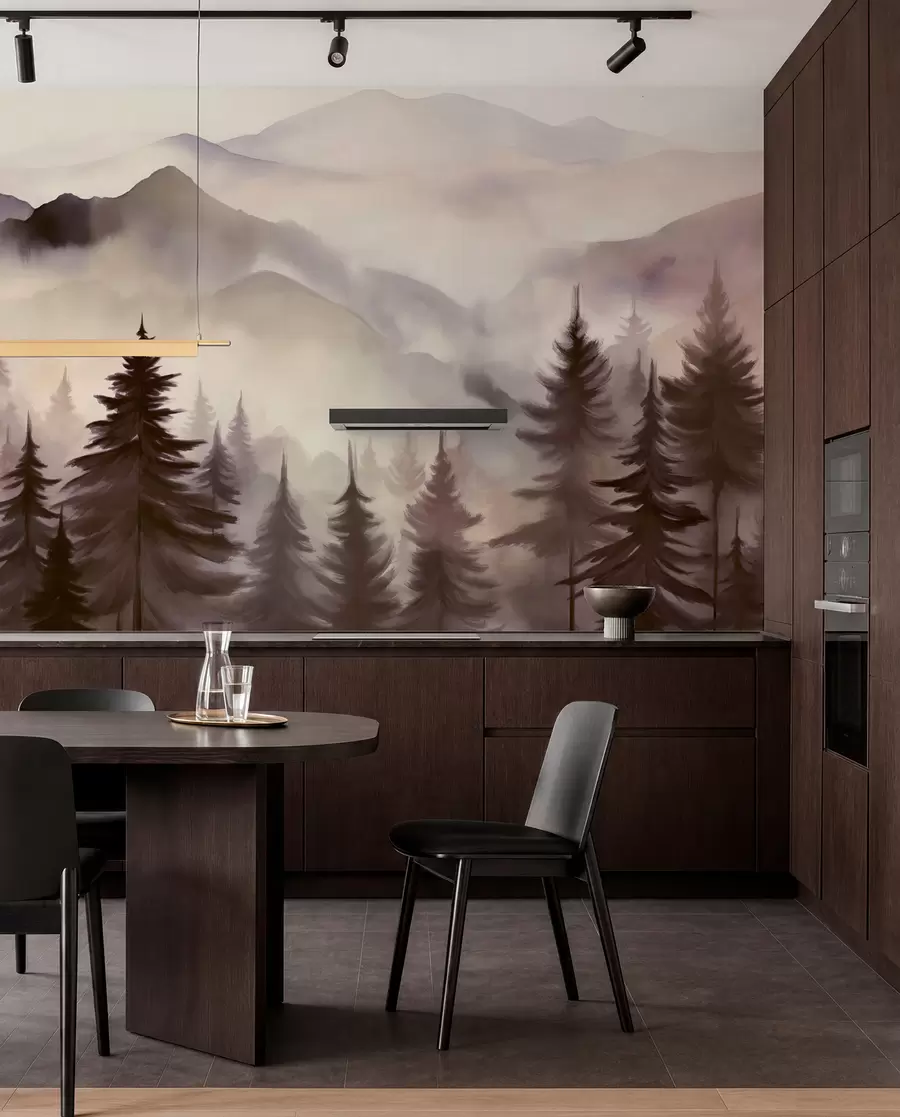 wall murals Планински пејзаж са шумом борова и слојевитим планинама током зоре са светлом маглом имитација акварела w08639v1