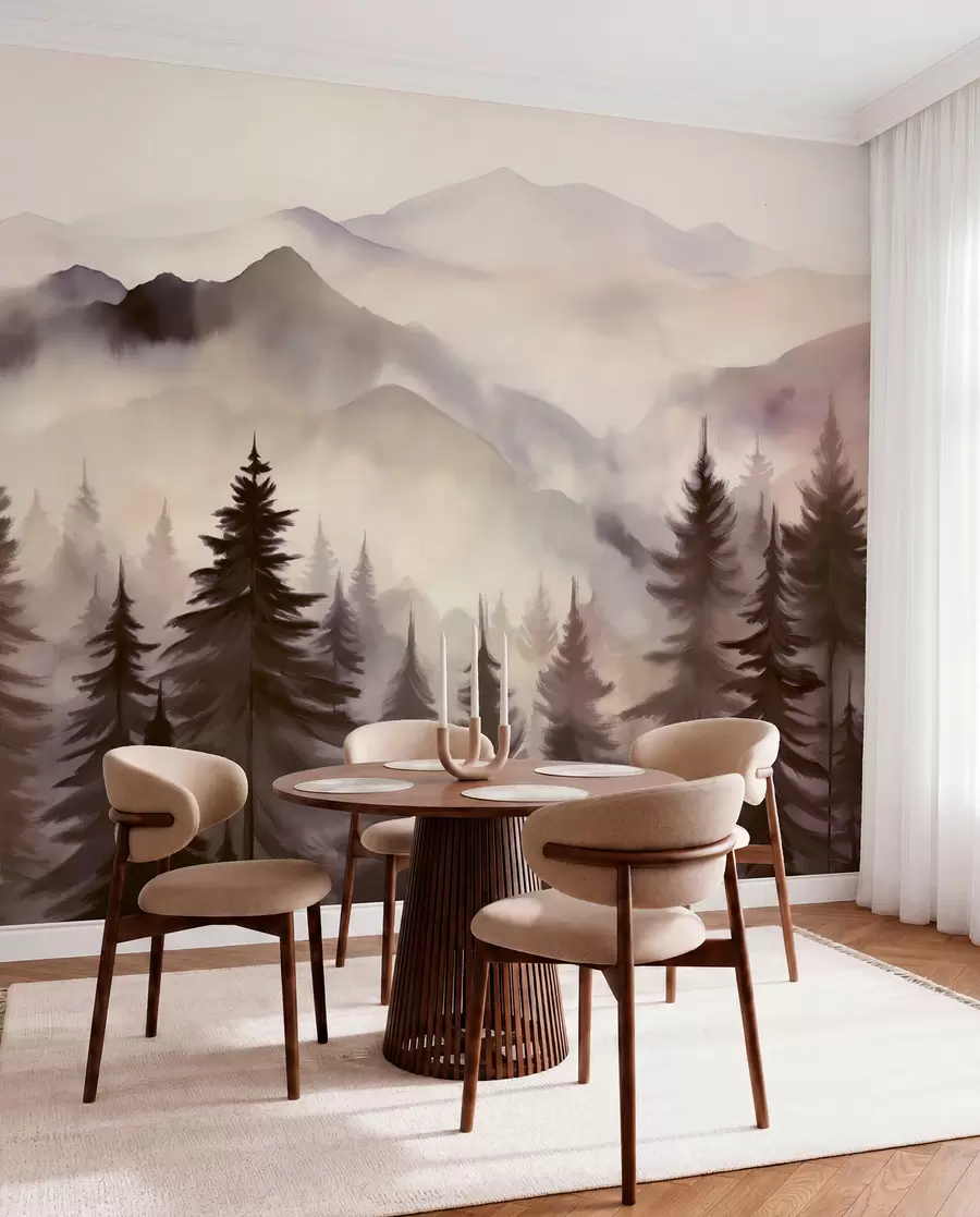 wall murals Планински пејзаж са шумом борова и слојевитим планинама током зоре са светлом маглом имитација акварела w08639v1