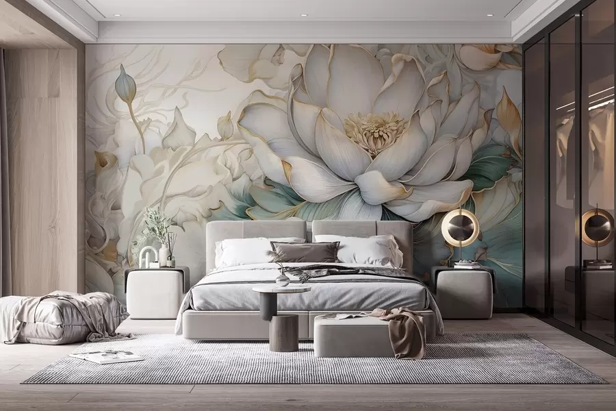 wall murals Велики, деликатни цвет и лишће белог љиљана са меким, слојевитим украсним латицама на апстрактној замућеној позадини w08640