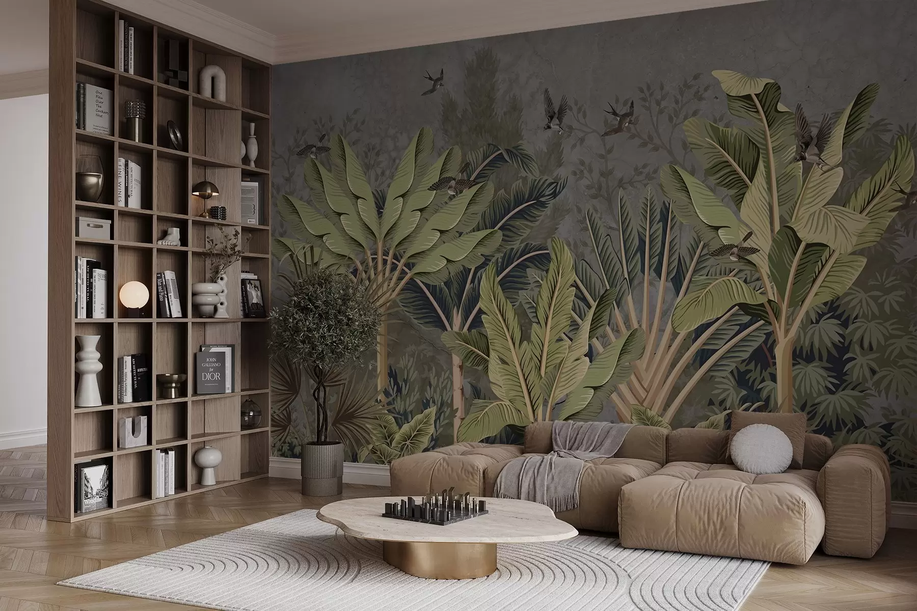 wall murals Тропска џунгла са великим листовима, палминим листовима и шареним лишћем у првом плану на текстурираној позадини w08641