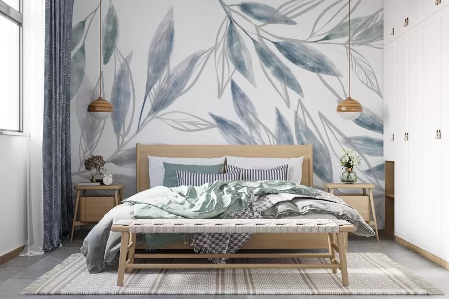 wall murals Деликатне плаве и сиве текстуре пастелних листова, стварајући спокојну и минималистичку ботаничку композицију w08642v1