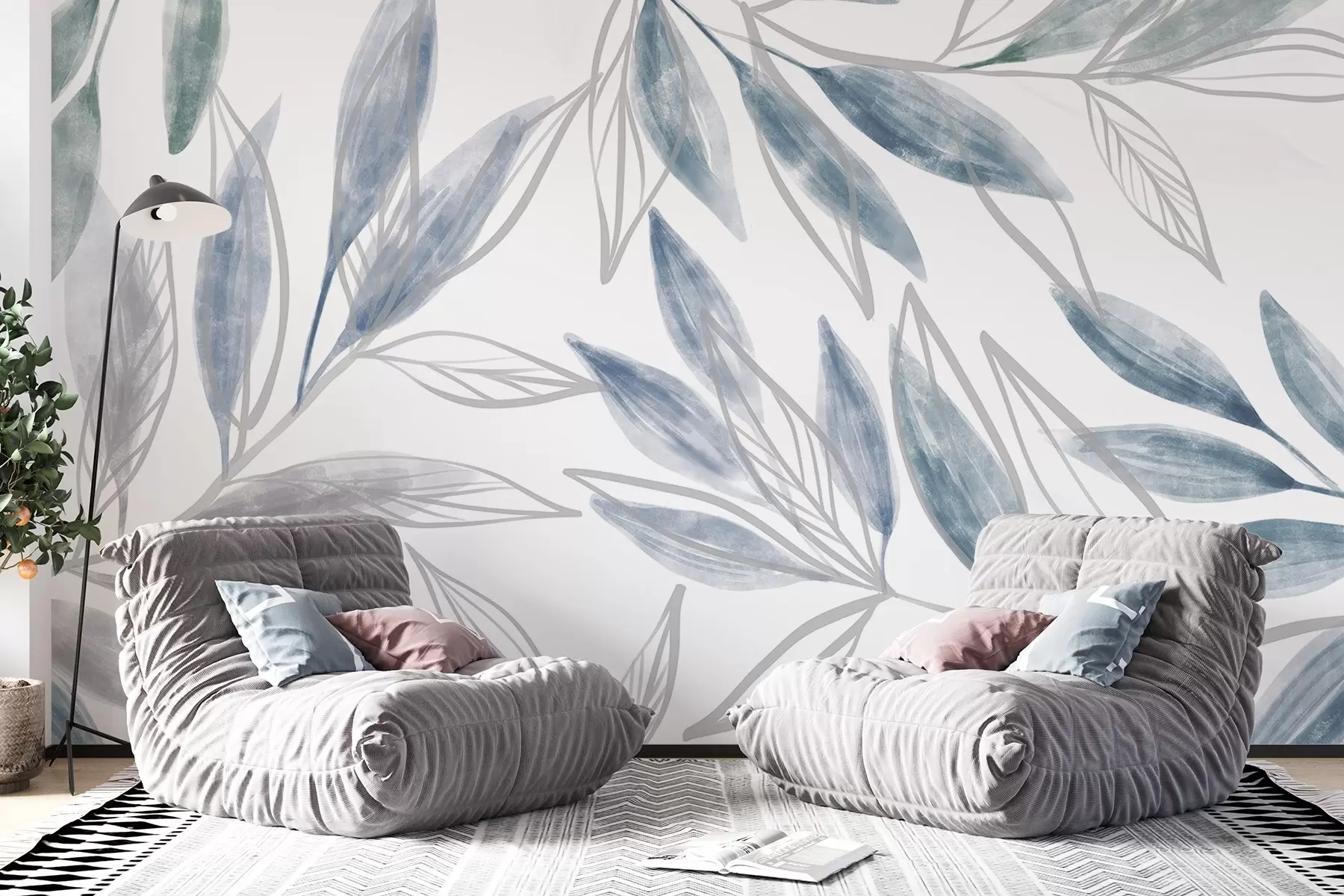 wall murals Деликатне плаве и сиве текстуре пастелних листова, стварајући спокојну и минималистичку ботаничку композицију w08642v1