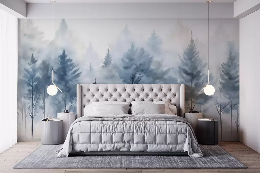 wall murals Магловити шумски пејзаж са високим боровима и голим листопадним дрвећем у првом плану имитација акварела w08643