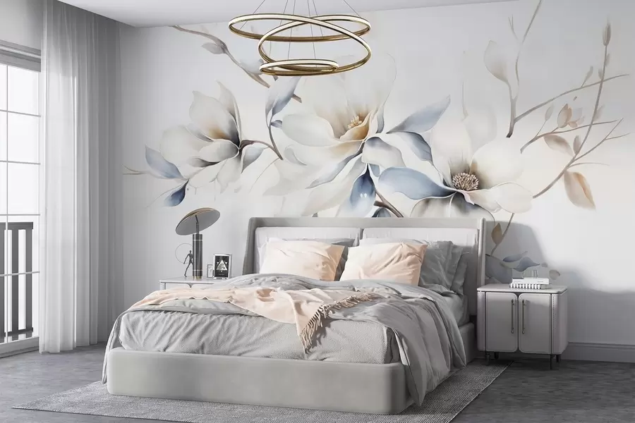 wall murals Нежно бело цвеће магнолије са меким плавим латицама на светлој позадини акварел имитација минимализма  w08644