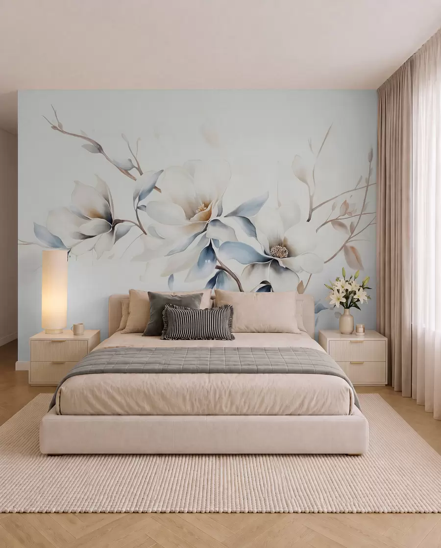 wall murals Нежно бело цвеће магнолије са меким плавим латицама на светлој позадини акварел имитација минимализма  w08644