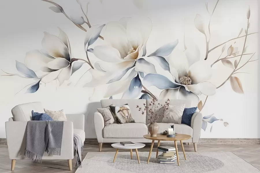 wall murals Нежно бело цвеће магнолије са меким плавим латицама на светлој позадини акварел имитација минимализма  w08644