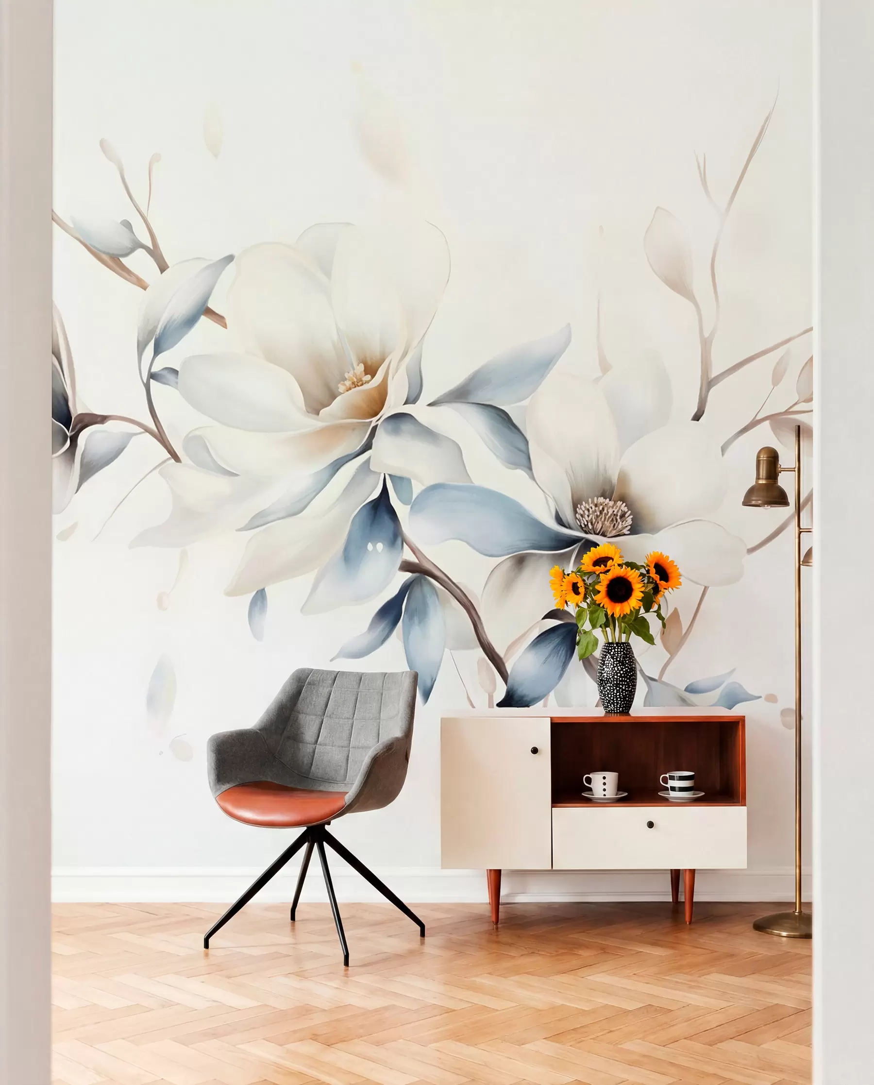 wall murals Нежно бело цвеће магнолије са меким плавим латицама на светлој позадини акварел имитација минимализма  w08644