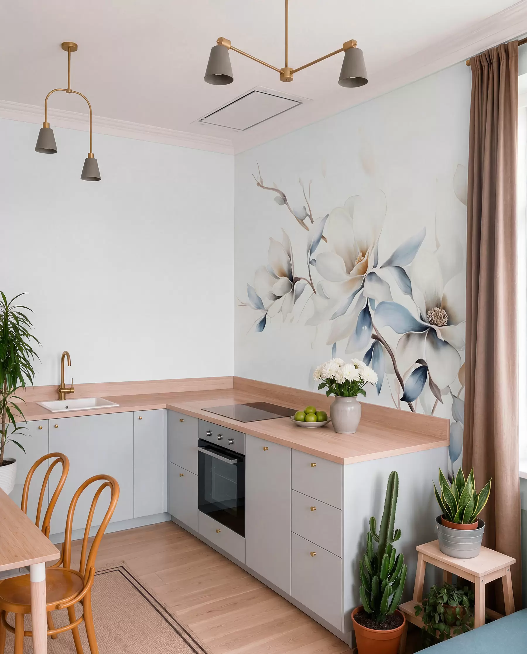 wall murals Нежно бело цвеће магнолије са меким плавим латицама на светлој позадини акварел имитација минимализма  w08644