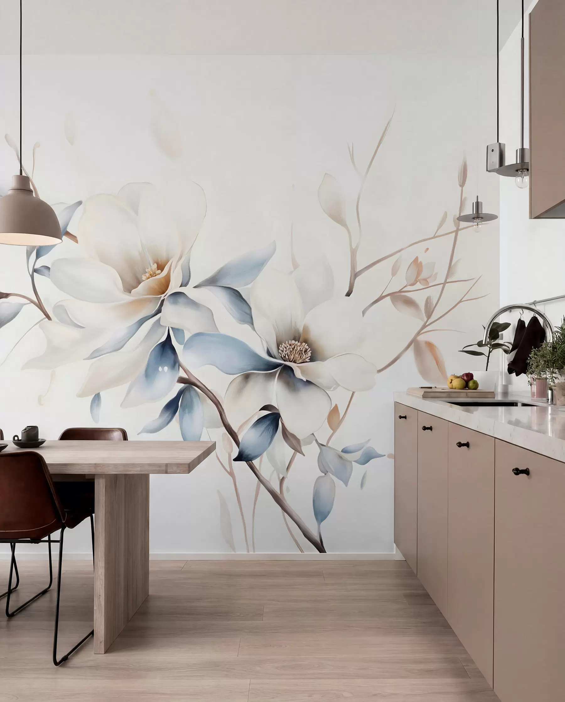 wall murals Нежно бело цвеће магнолије са меким плавим латицама на светлој позадини акварел имитација минимализма  w08644