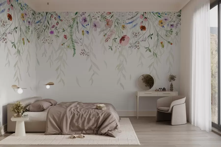 wall murals Шарени цветни принт који се спушта каскадно са разним цвећем, лишћем и биљкама у стилу акварела   w08646
