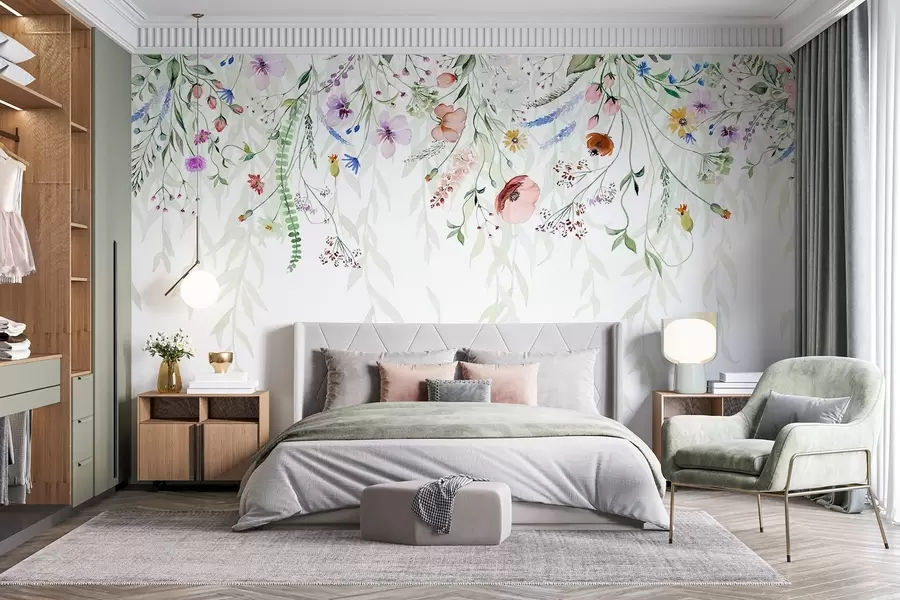 wall murals Шарени цветни принт који се спушта каскадно са разним цвећем, лишћем и биљкама у стилу акварела   w08646