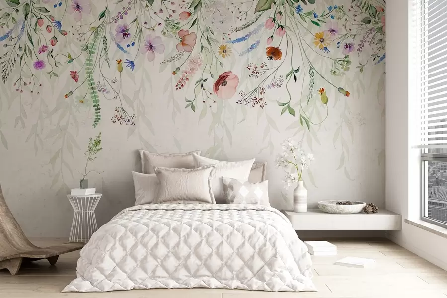 wall murals Шарени цветни принт који се спушта каскадно са разним цвећем, лишћем и биљкама у стилу акварела   w08646