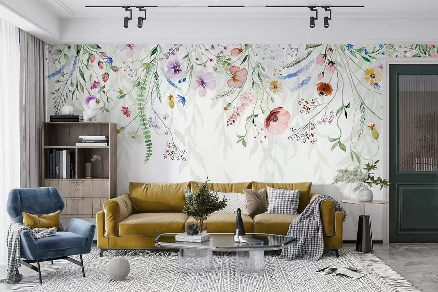 wall murals Шарени цветни принт који се спушта каскадно са разним цвећем, лишћем и биљкама у стилу акварела   w08646