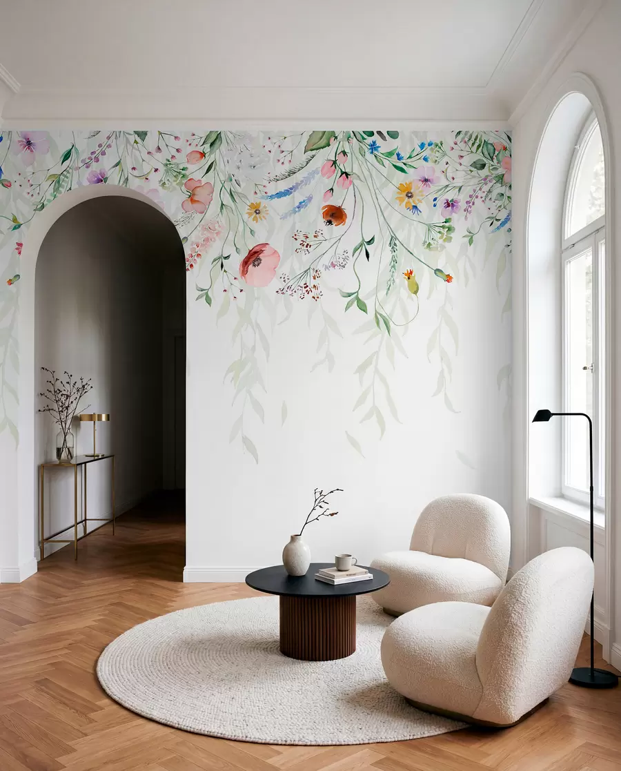 wall murals Шарени цветни принт који се спушта каскадно са разним цвећем, лишћем и биљкама у стилу акварела   w08646