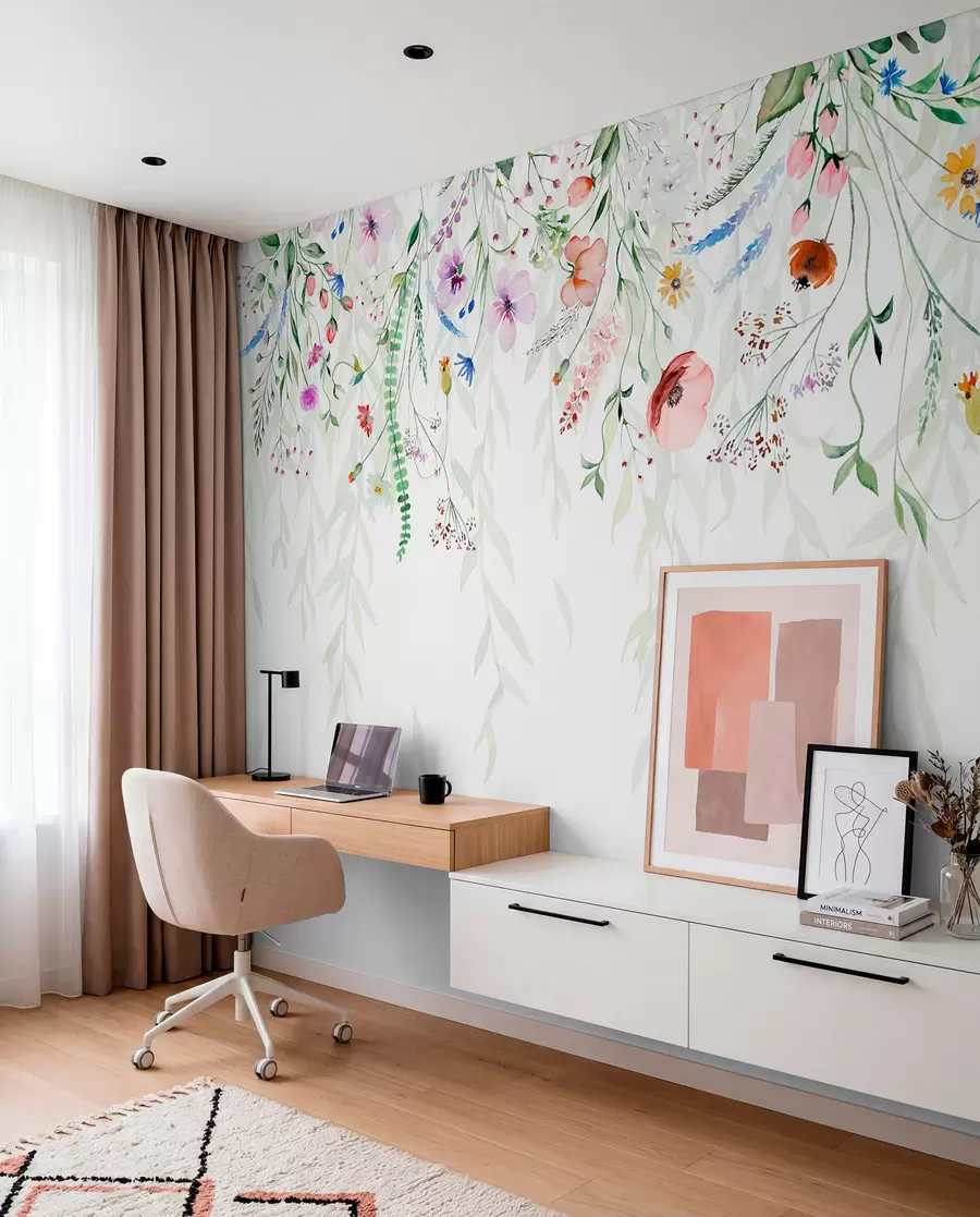 wall murals Шарени цветни принт који се спушта каскадно са разним цвећем, лишћем и биљкама у стилу акварела   w08646