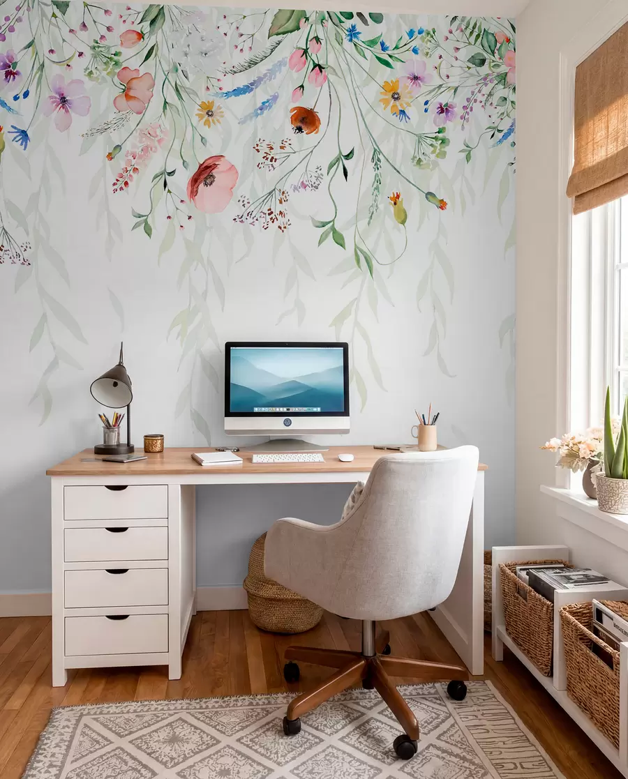 wall murals Шарени цветни принт који се спушта каскадно са разним цвећем, лишћем и биљкама у стилу акварела   w08646