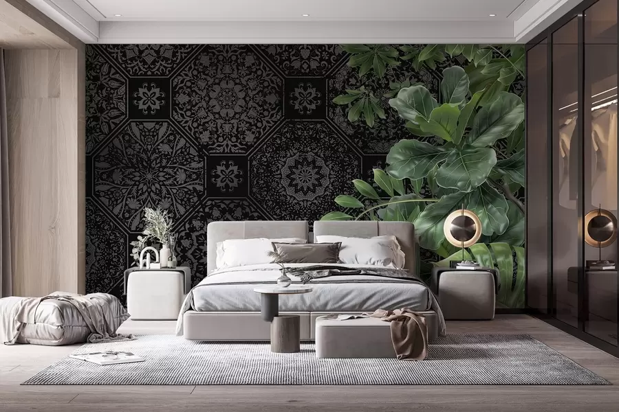wall murals Тамни, китњасти испуцали апстрактни узорак на црној позадини, у контрасту са бујним зеленим тропским лишћем  w08647