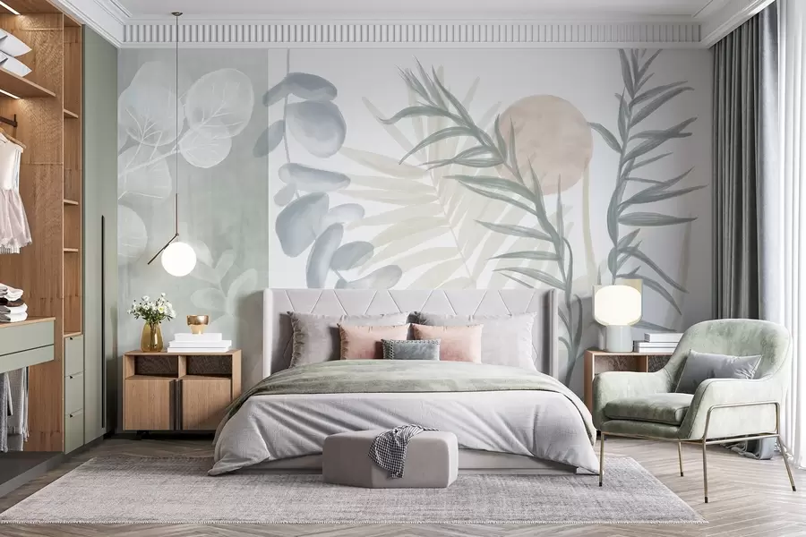 wall murals Минималистички апстрактни принт са стилизованим листовима и еукалиптусом са меким, плавим органским облицима у пригушеним пастелним бојама w08648v1