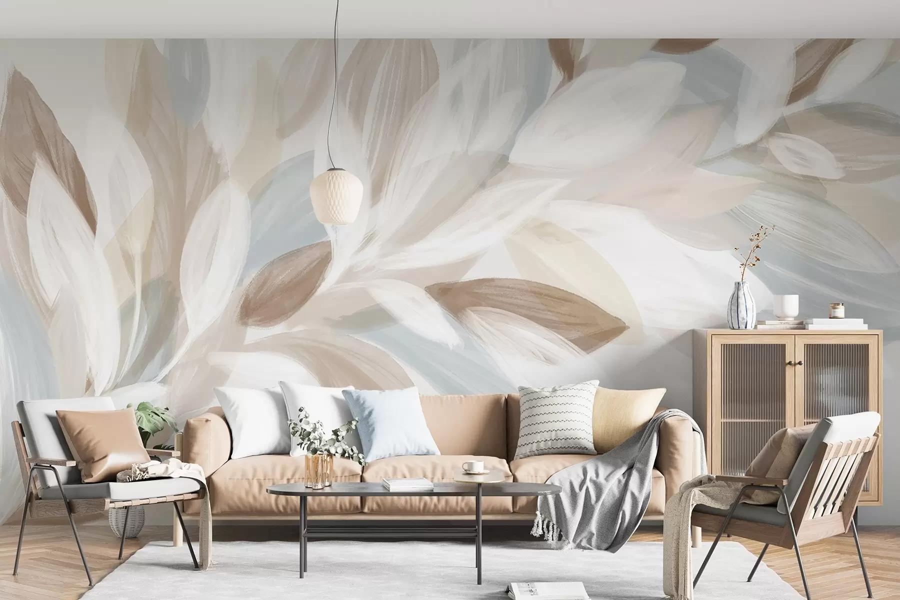 wall murals Меки листови пастелних боја у нијансама беле, беж и светло плаве, стварајући деликатну и етеричну композицију w08649