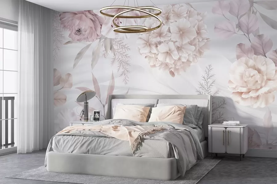 wall murals Меки, апстрактни цветни принт са великим ружичастим и белим цветовима, деликатним листовима и пригушеном, пастелном палетом боја w08651