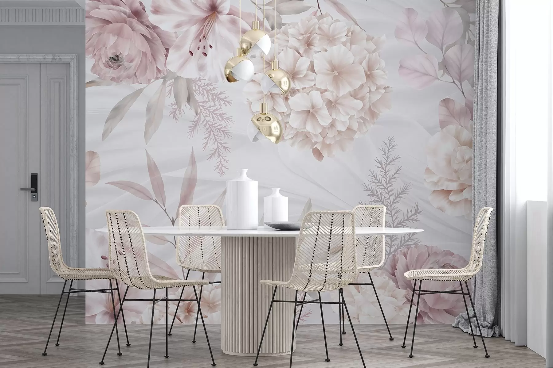 wall murals Меки, апстрактни цветни принт са великим ружичастим и белим цветовима, деликатним листовима и пригушеном, пастелном палетом боја w08651