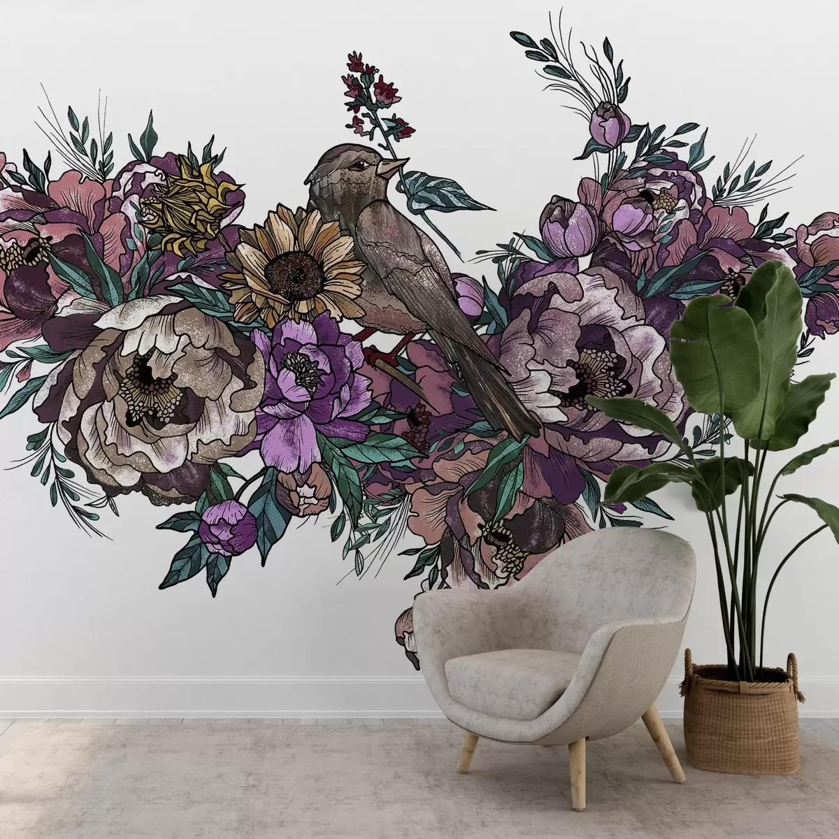 wall murals Шарена цветна и птичја илустрација на белом w02833v2