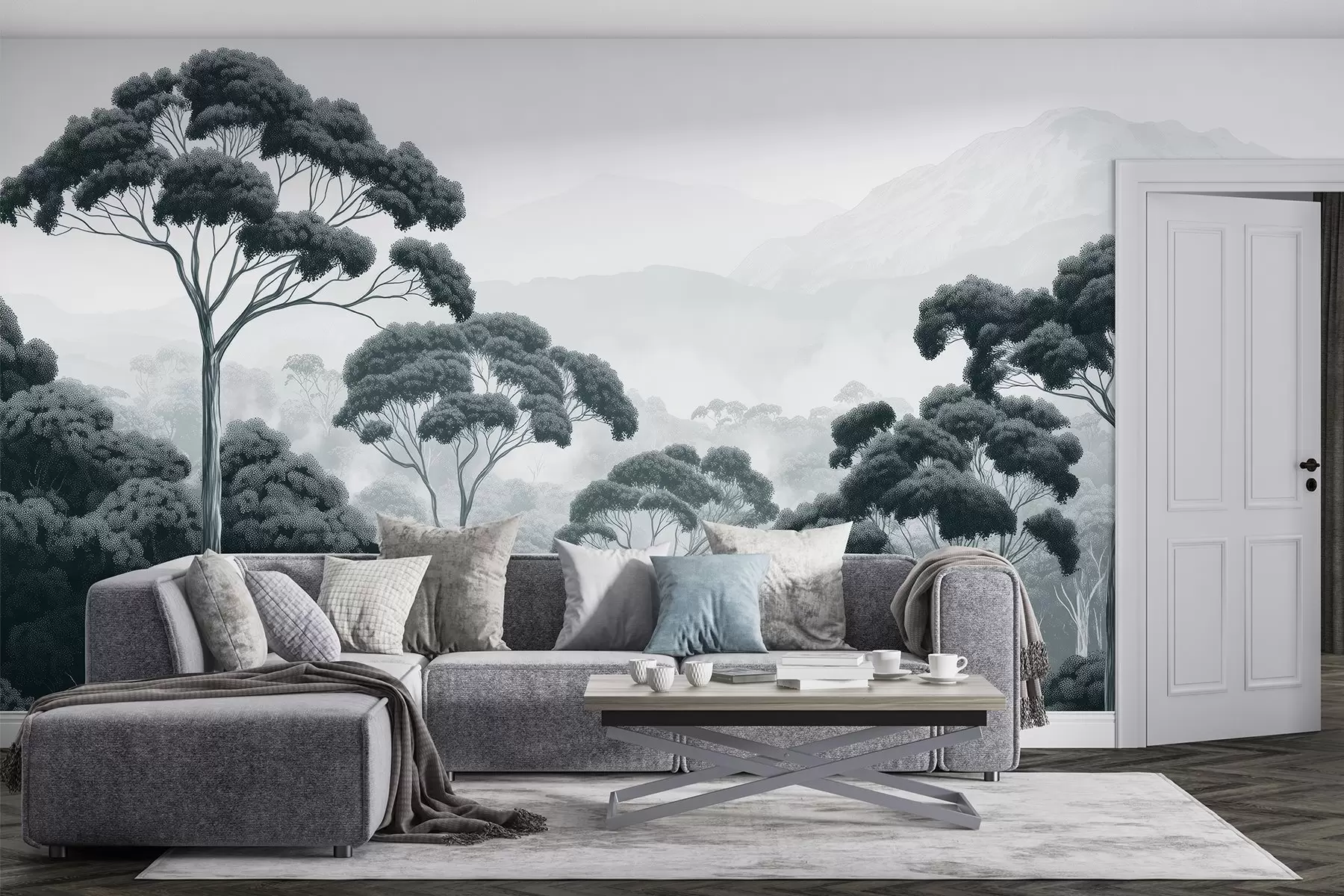 wall murals Шума џунгле, планине, тропска, природа, велико дрвеће, тамноплаве боје w02739