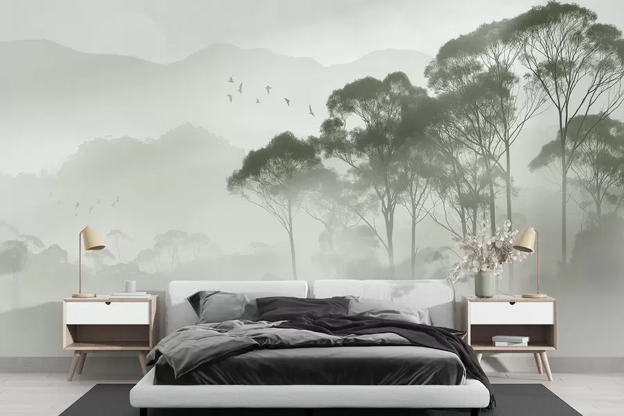wall murals Дрвеће у магли, пејзажи природе, птице, сунце, зелене боје w02740