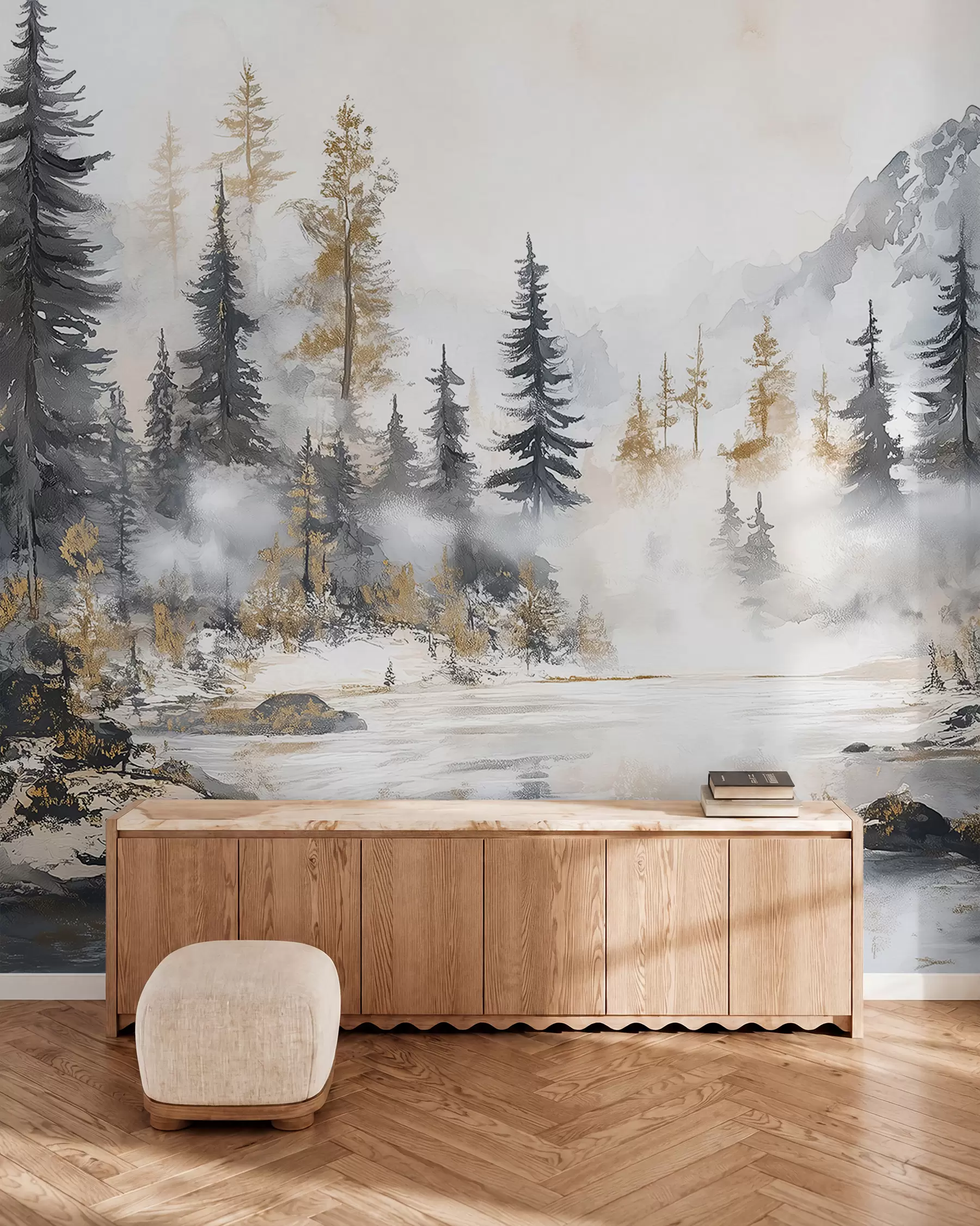 wall murals Zimski borovi uz jezero w02741