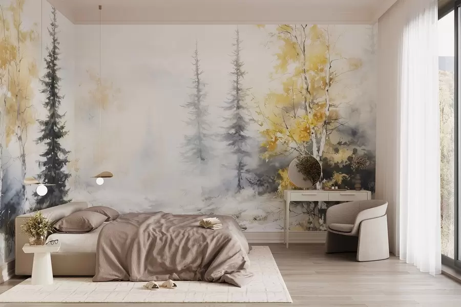 wall murals Зимска шума, брезе, борови, река, магла, пастелне боје w02742