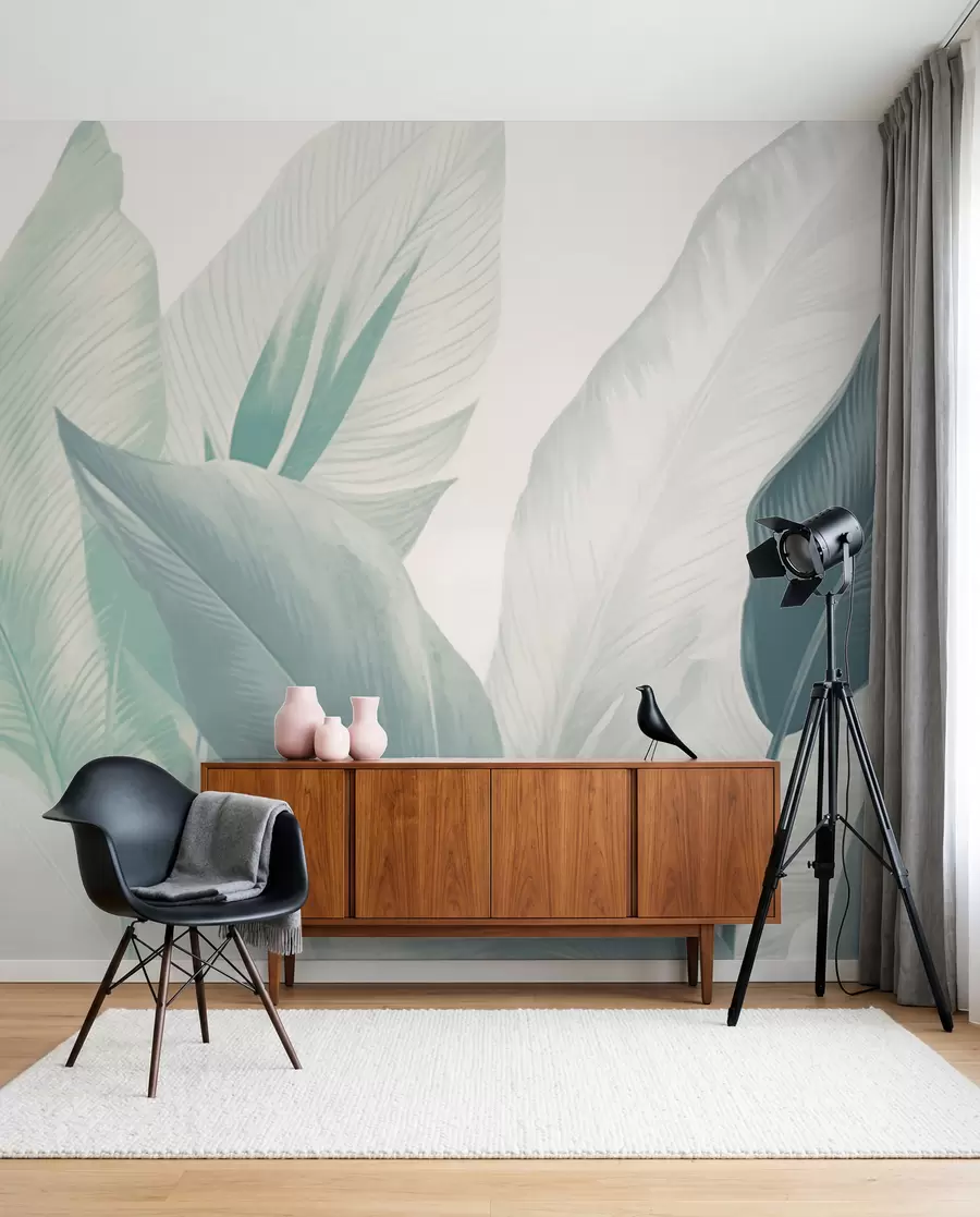 wall murals Тропско лишће у меким зеленим и белим тоновима, са акварелним прелазима и деликатним детаљима текстуре w02854v2