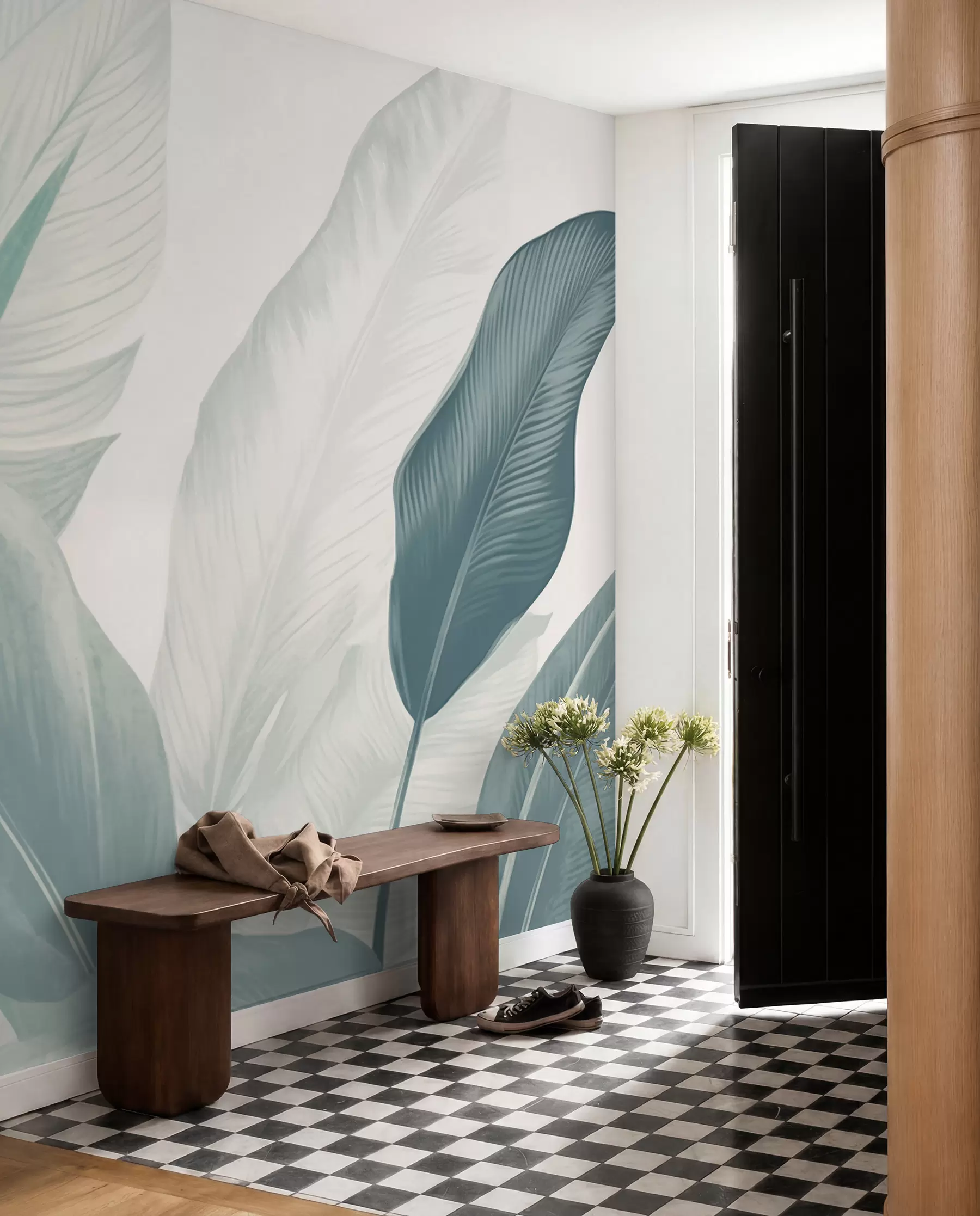 wall murals Тропско лишће у меким зеленим и белим тоновима, са акварелним прелазима и деликатним детаљима текстуре w02854v2
