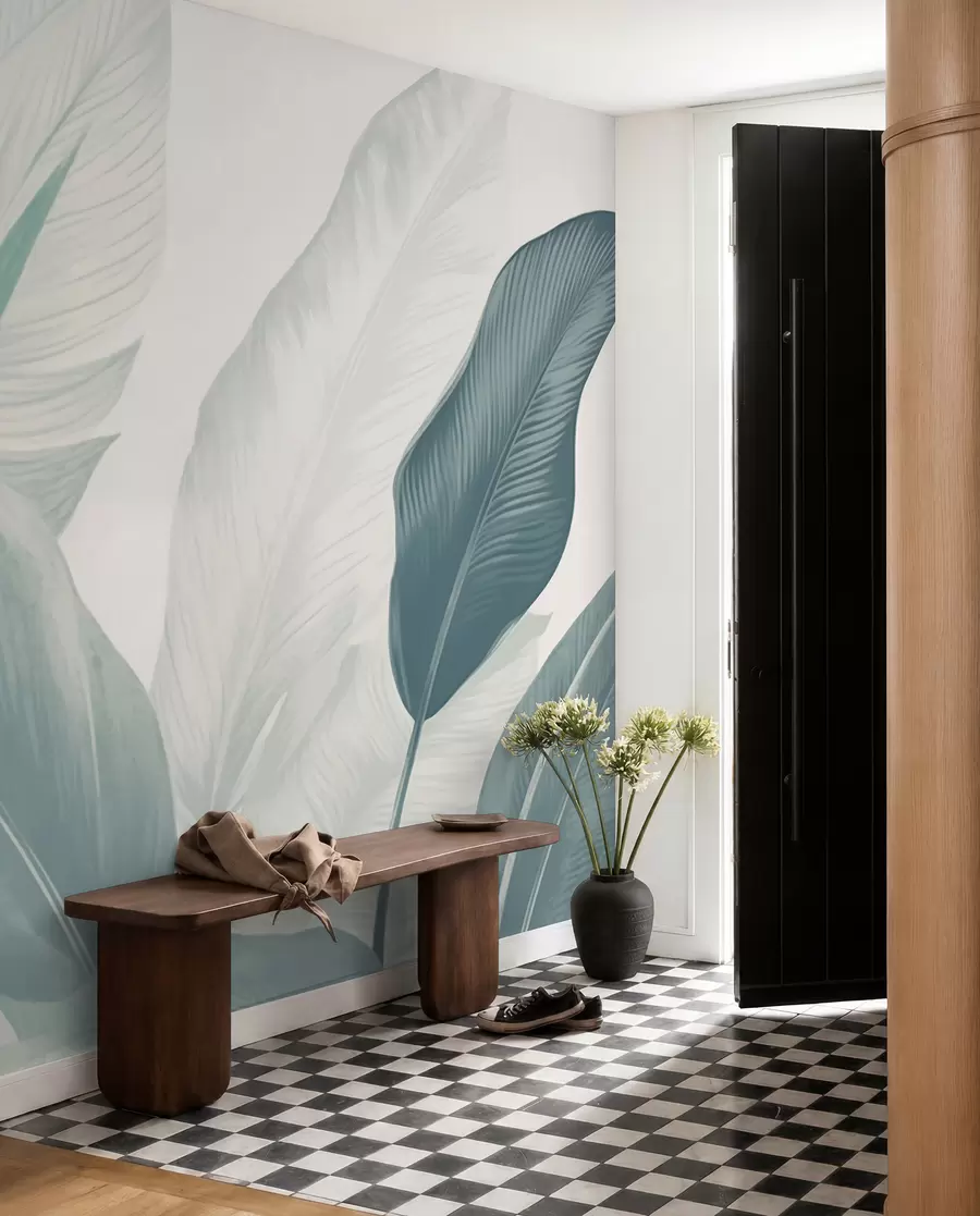 wall murals Тропско лишће у меким зеленим и белим тоновима, са акварелним прелазима и деликатним детаљима текстуре w02854v2