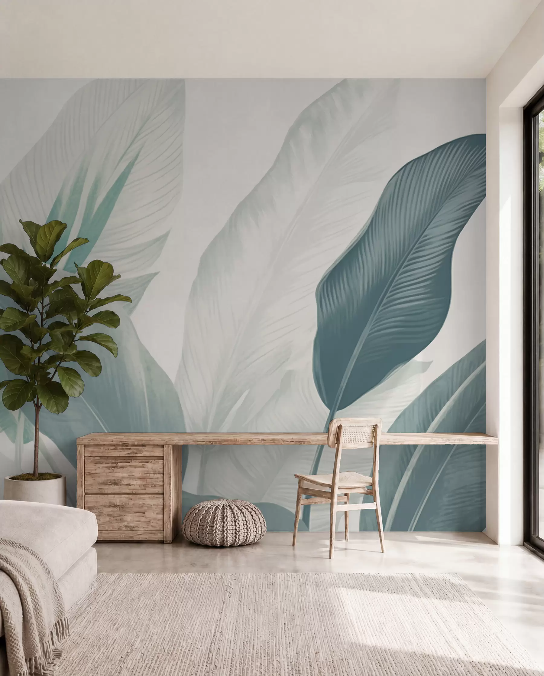 wall murals Тропско лишће у меким зеленим и белим тоновима, са акварелним прелазима и деликатним детаљима текстуре w02854v2