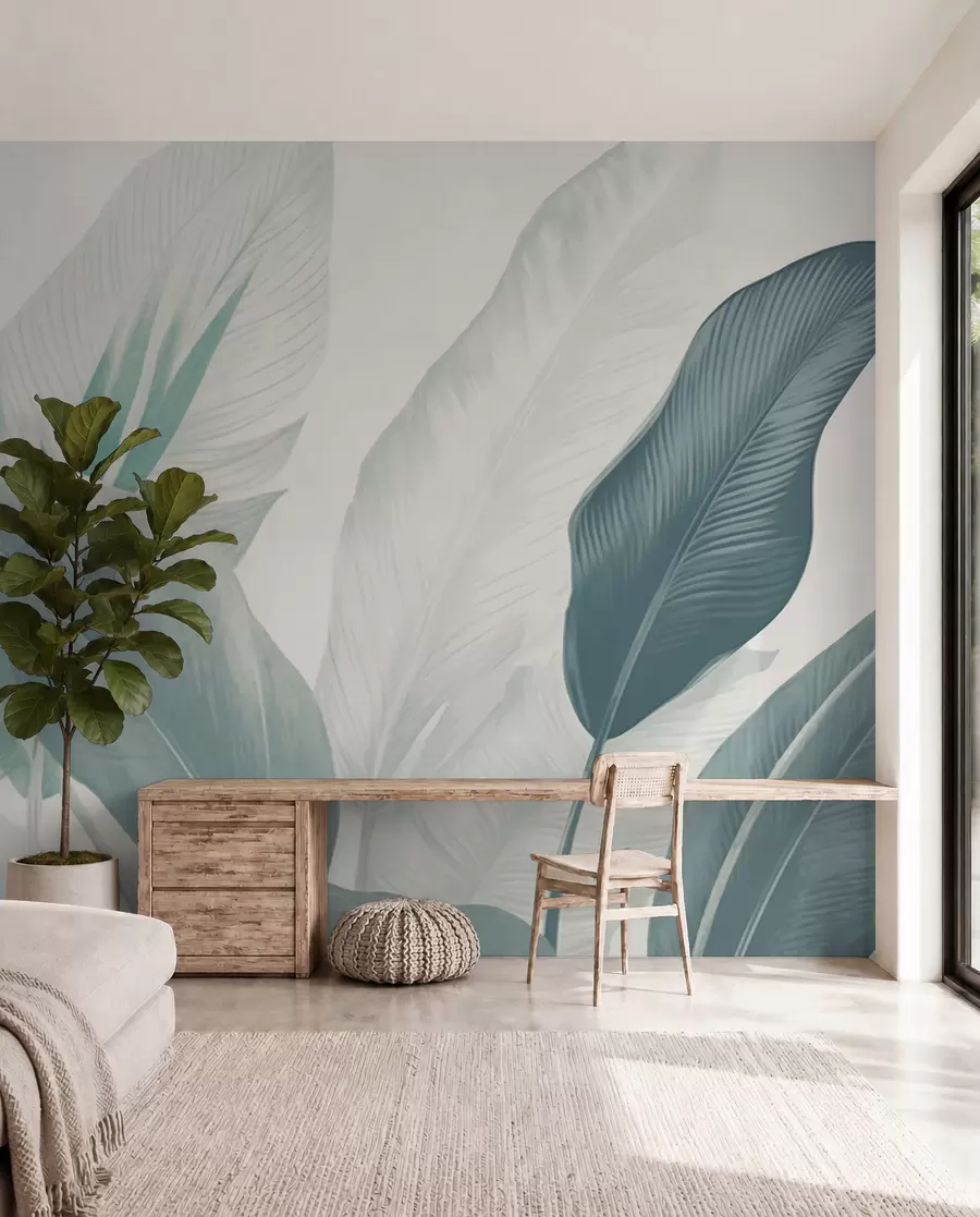wall murals Тропско лишће у меким зеленим и белим тоновима, са акварелним прелазима и деликатним детаљима текстуре w02854v2