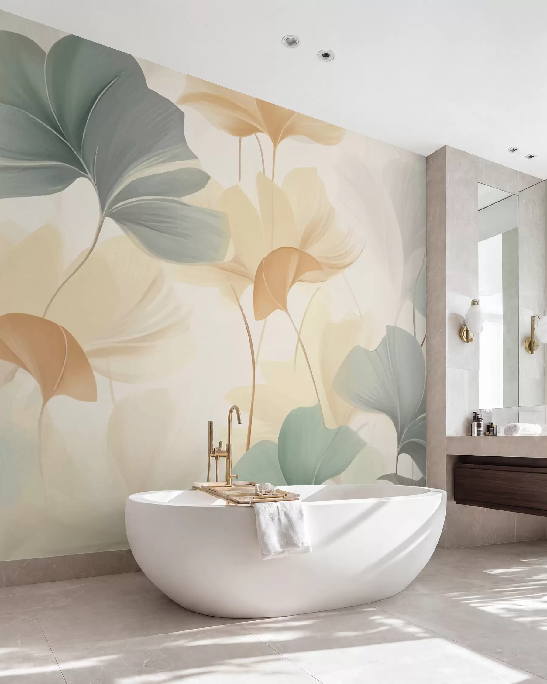 wall murals Узорак листова гинка у меким пастелним тоновима, мешајући зелене, жуте и крем нијансе да би се створио лаган и прозрачан осећај w02855