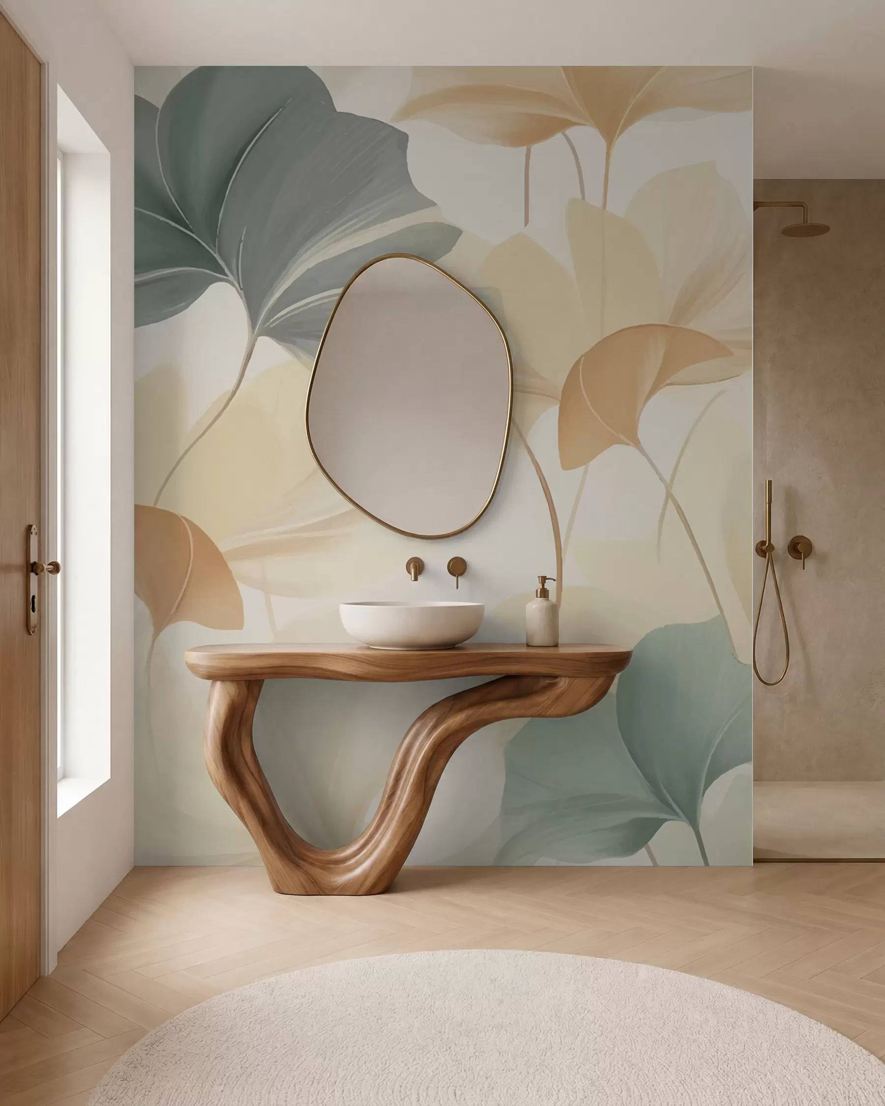 wall murals Узорак листова гинка у меким пастелним тоновима, мешајући зелене, жуте и крем нијансе да би се створио лаган и прозрачан осећај w02855