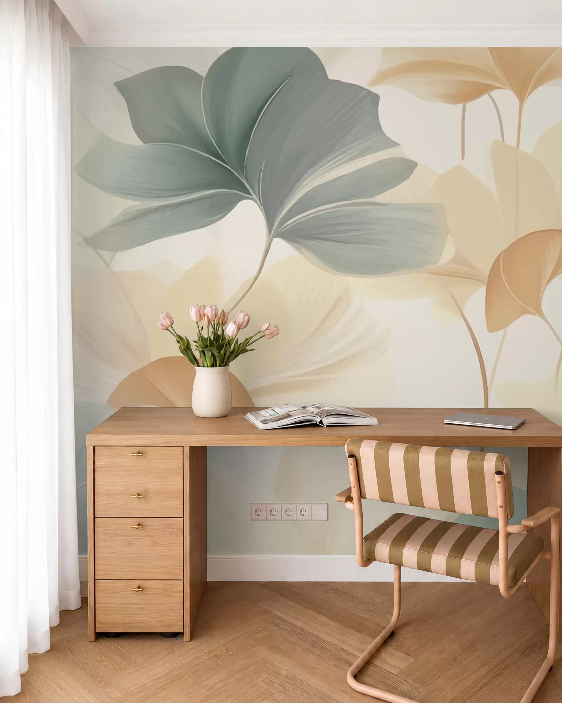 wall murals Узорак листова гинка у меким пастелним тоновима, мешајући зелене, жуте и крем нијансе да би се створио лаган и прозрачан осећај w02855