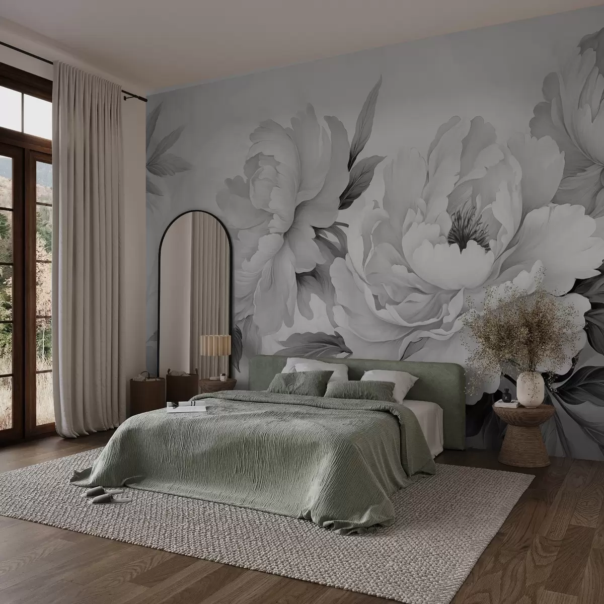 wall murals Луксузни божури у нијансама сиве, са деликатним детаљима латица и листова, стварају елегантну и спокојну атмосферу. w02856