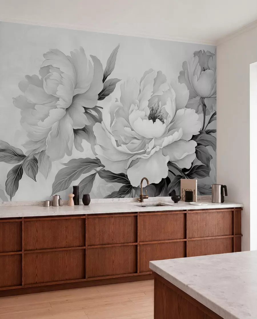 wall murals Луксузни божури у нијансама сиве, са деликатним детаљима латица и листова, стварају елегантну и спокојну атмосферу w02856
