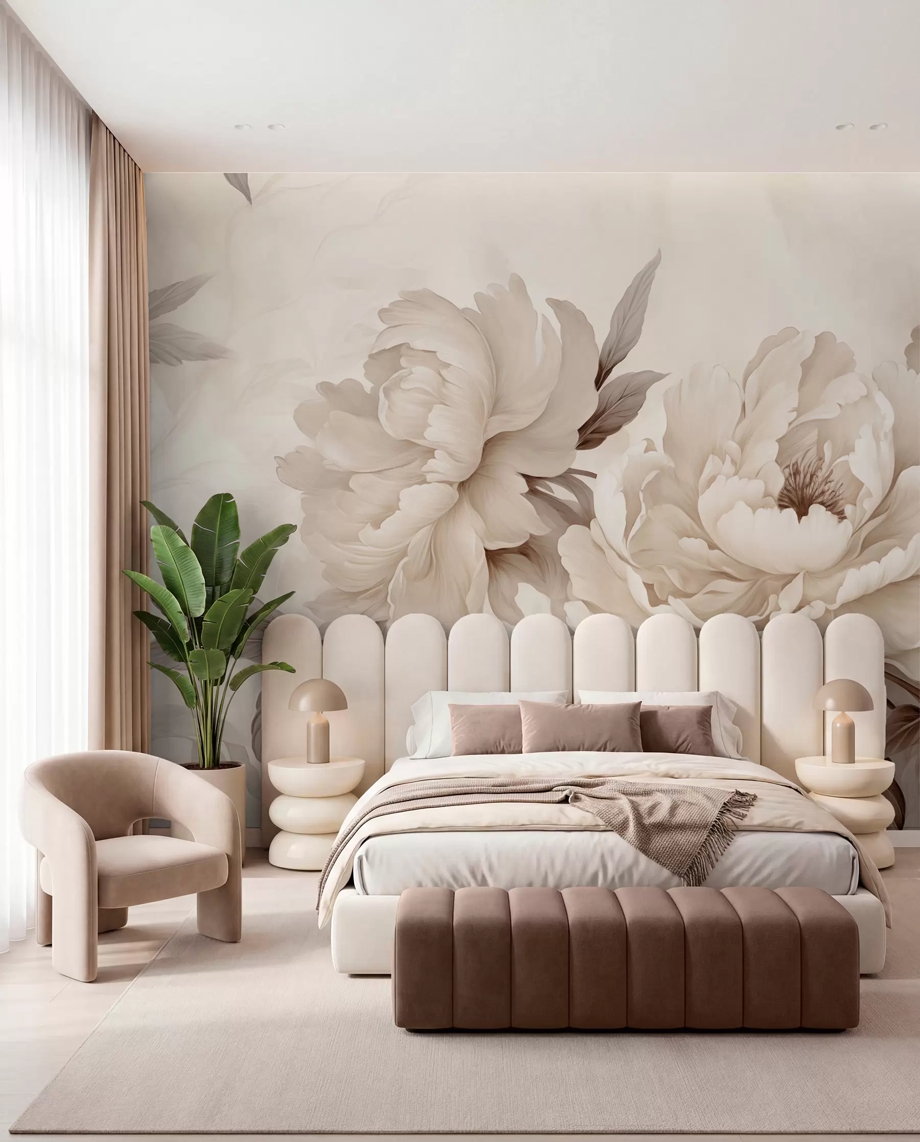 wall murals Нежни божури у кремасто беж тоновима, са префињеним детаљима латица и листова, стварајући топао и софистициран амбијент w02856v1