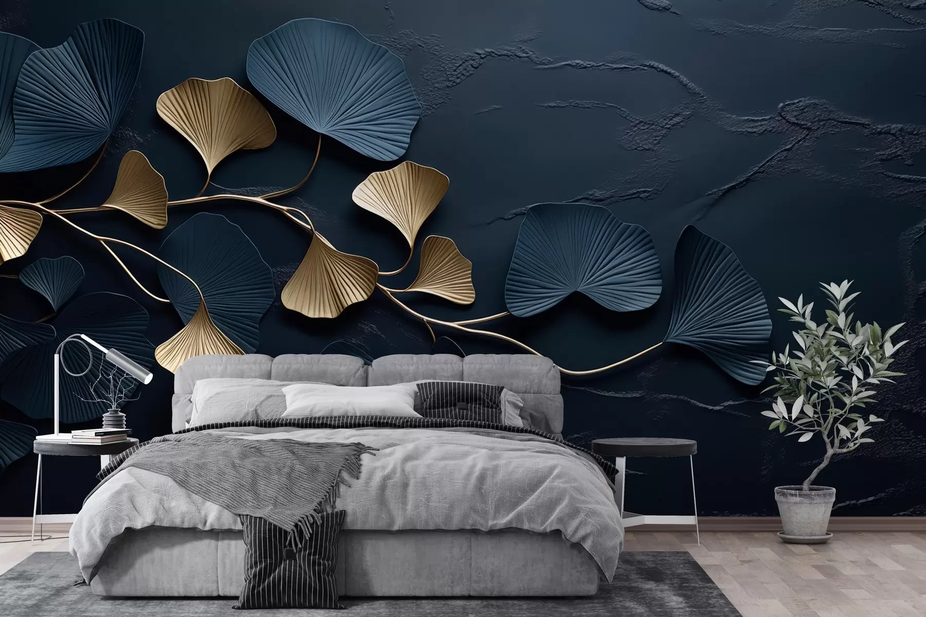 wall murals Волуметријска грана са листовима на бетонском зиду w02841