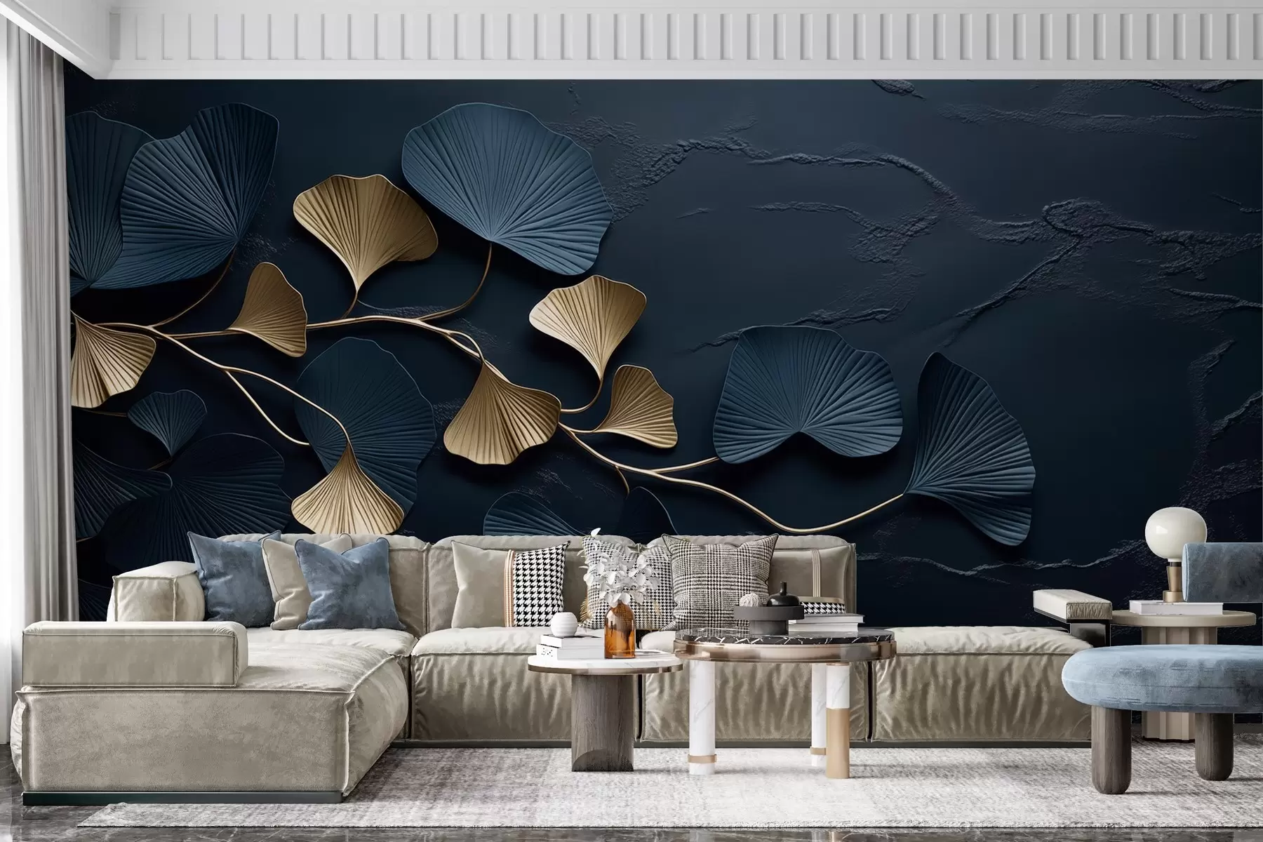 wall murals Волуметријска грана са листовима на бетонском зиду w02841