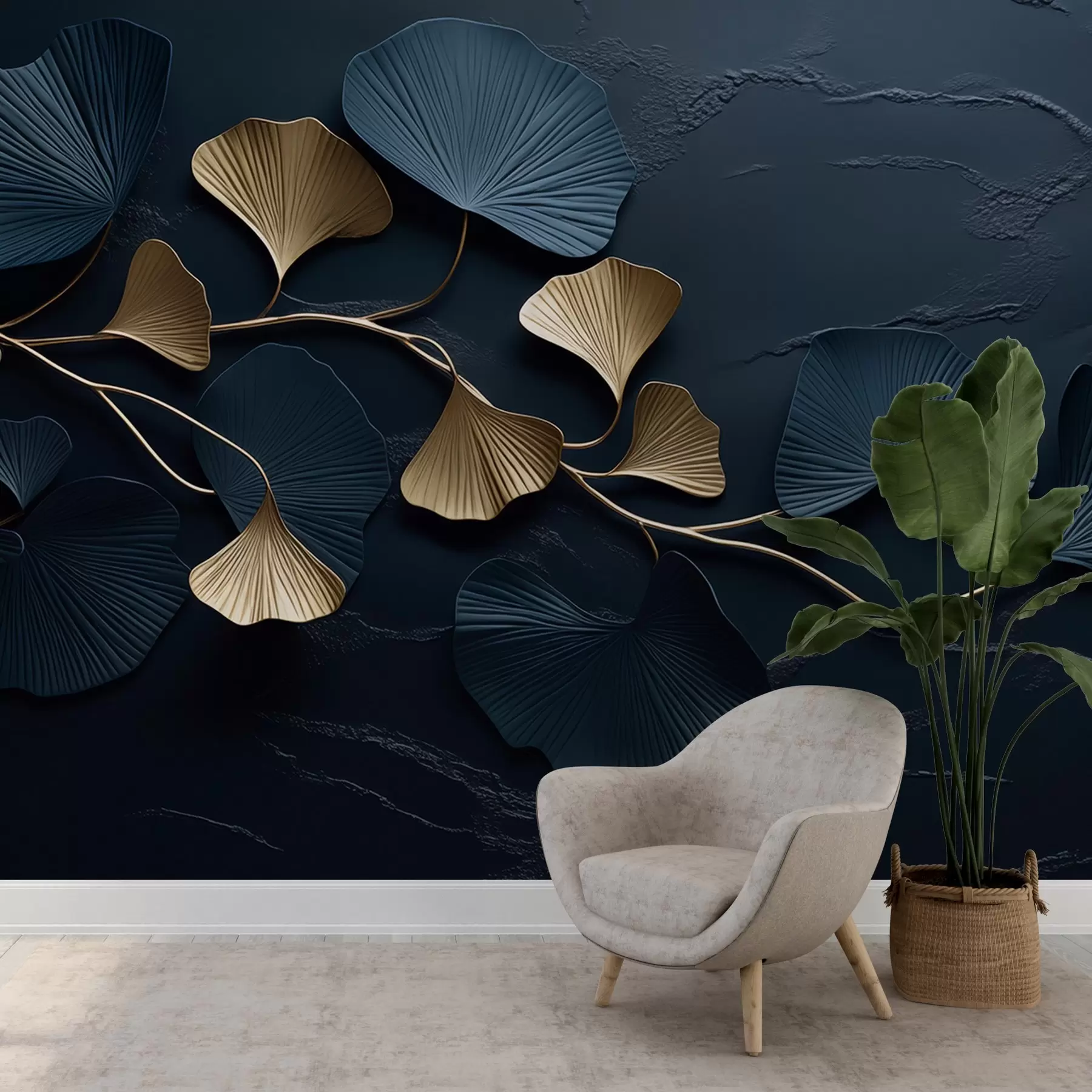 wall murals Волуметријска грана са листовима на бетонском зиду w02841