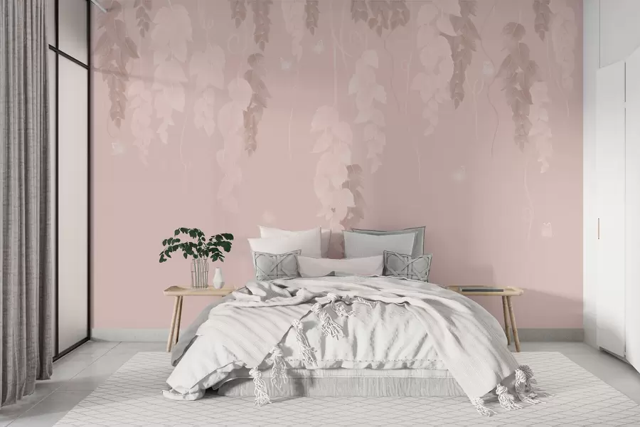wall murals Висеће лишће и лептири у розе w02655