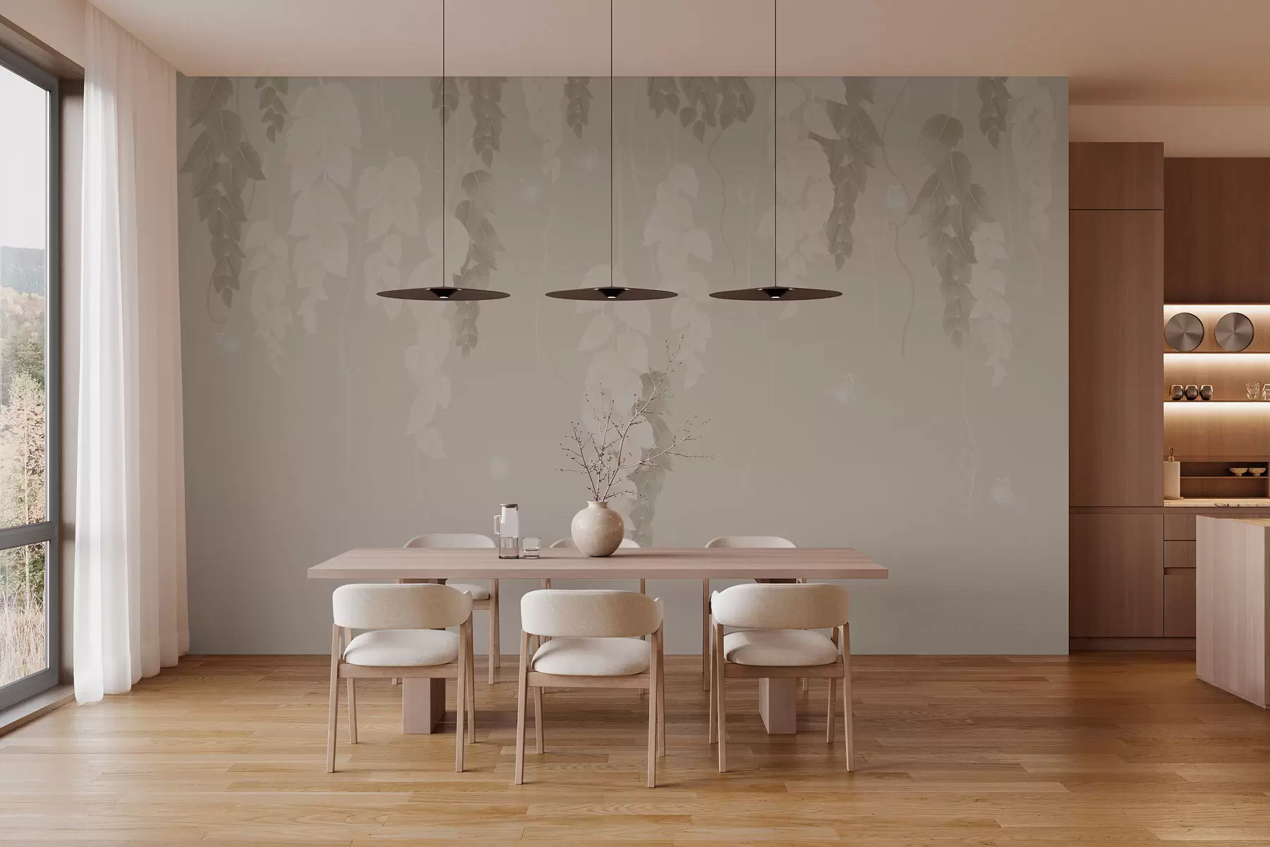 wall murals Висеће лишће и лептири у беж w02655v2