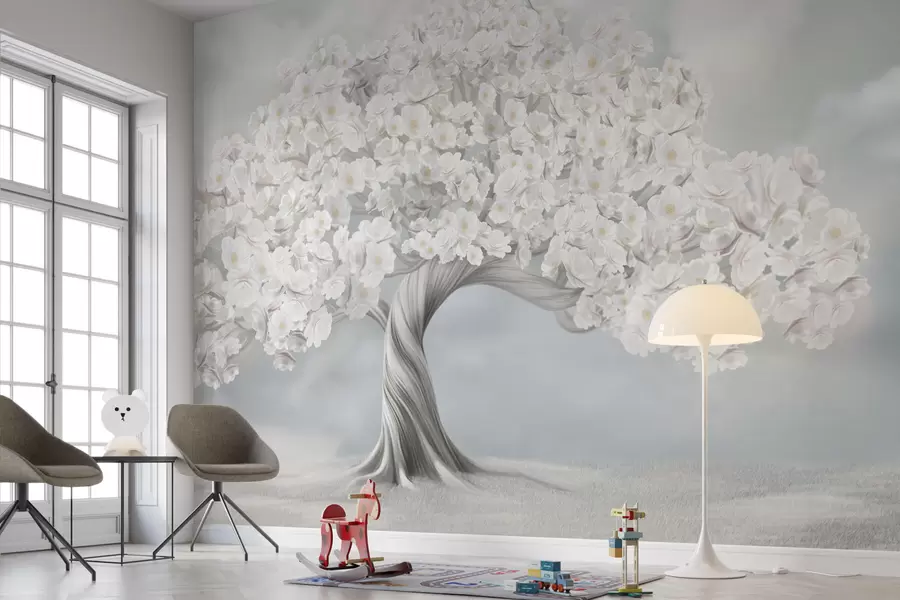 wall murals Велико дрво у цвећу са облацима у позадини w02748